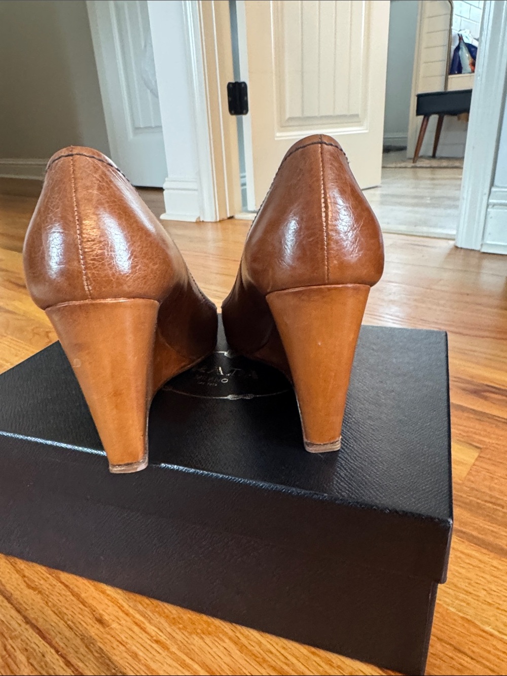 Prada Tan Leather Peep-Toe Heels - Picture 3 of 7